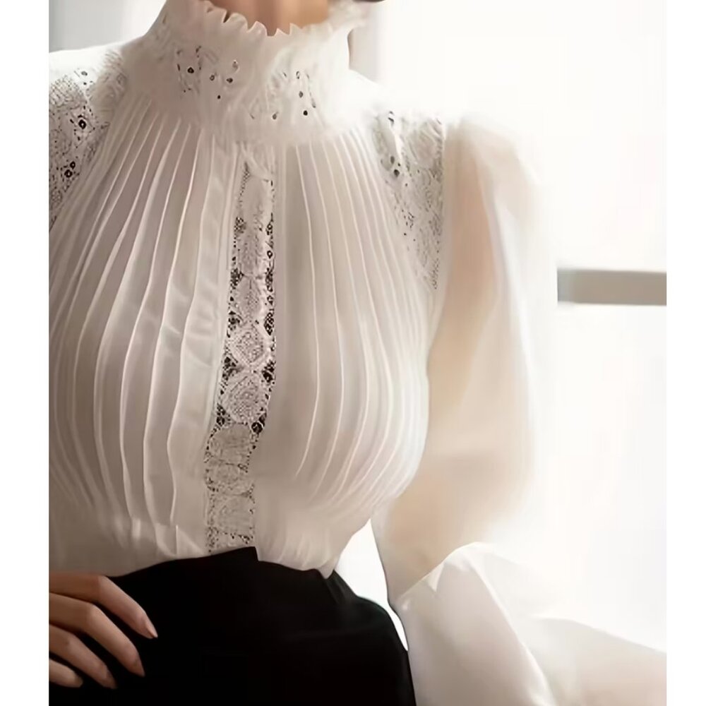 Top Victorian Style Long Puff Sleeve Stand-Up Collar Pleated Bodice Lace Insets - Picture 4 of 6